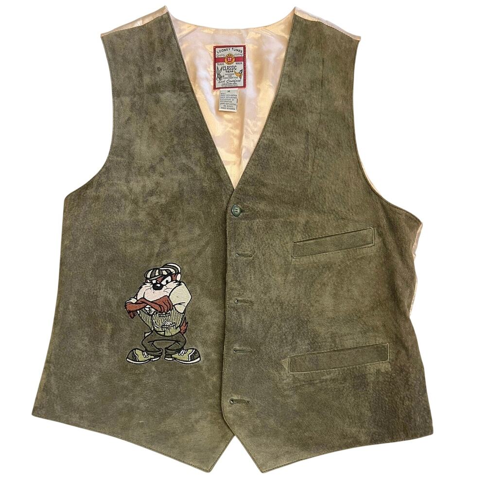 Vintage Looney Tunes Taz Suede Leather Vest Embroidered Olive Green Men’s M Y2K
